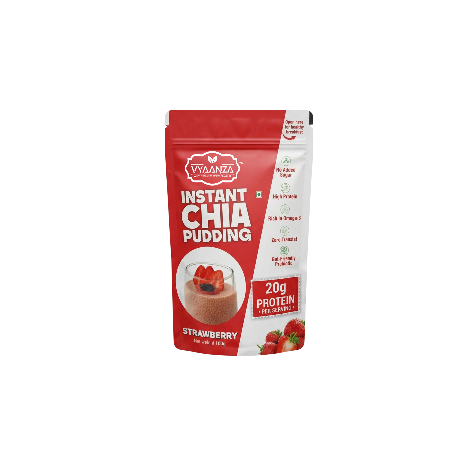 Vyaanza Strawberry Instant Chia Pudding - High Protein Sugar Free Vegan Snack India