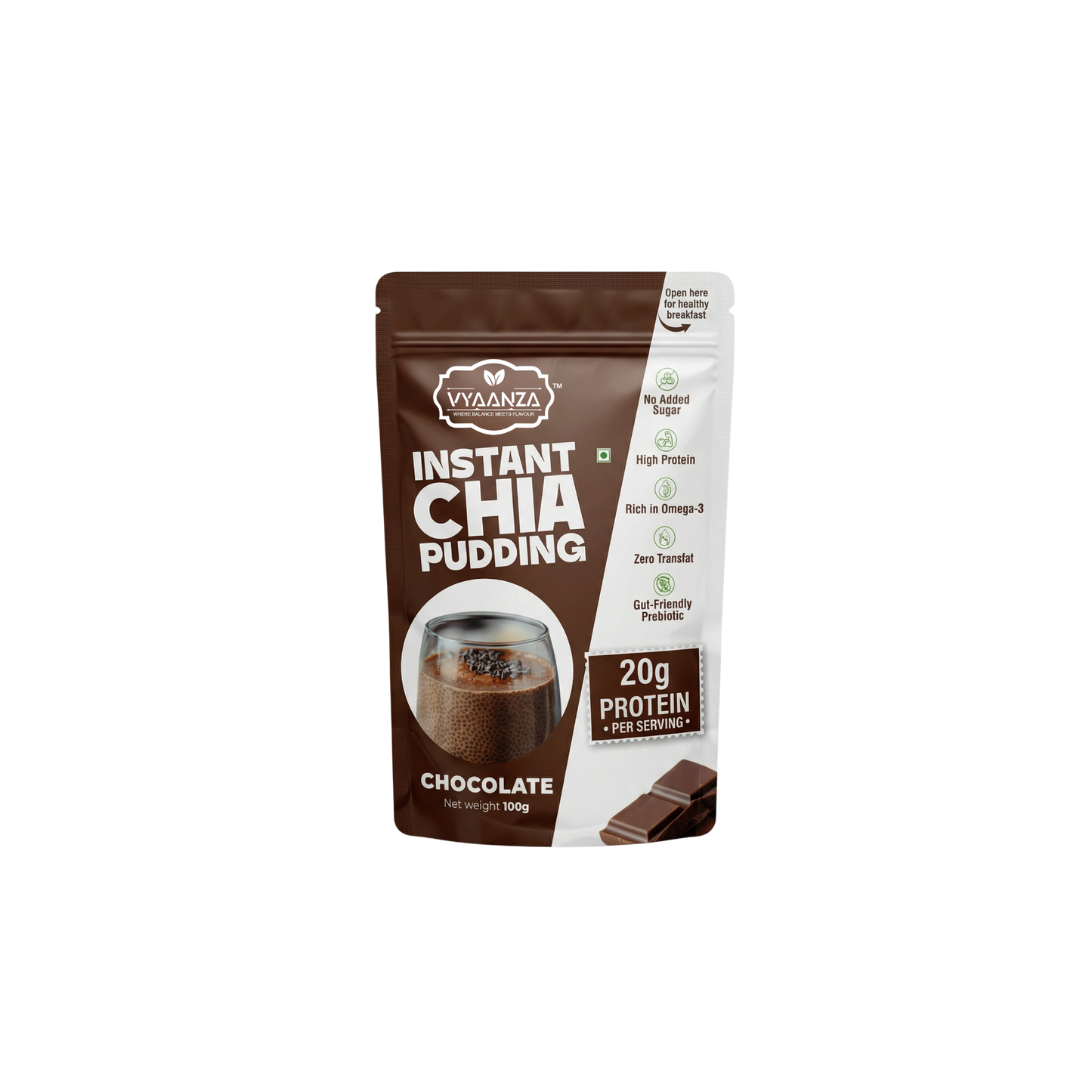 Vyaanza Chocolate Instant Chia Pudding - High Protein Sugar Free Vegan Snack India