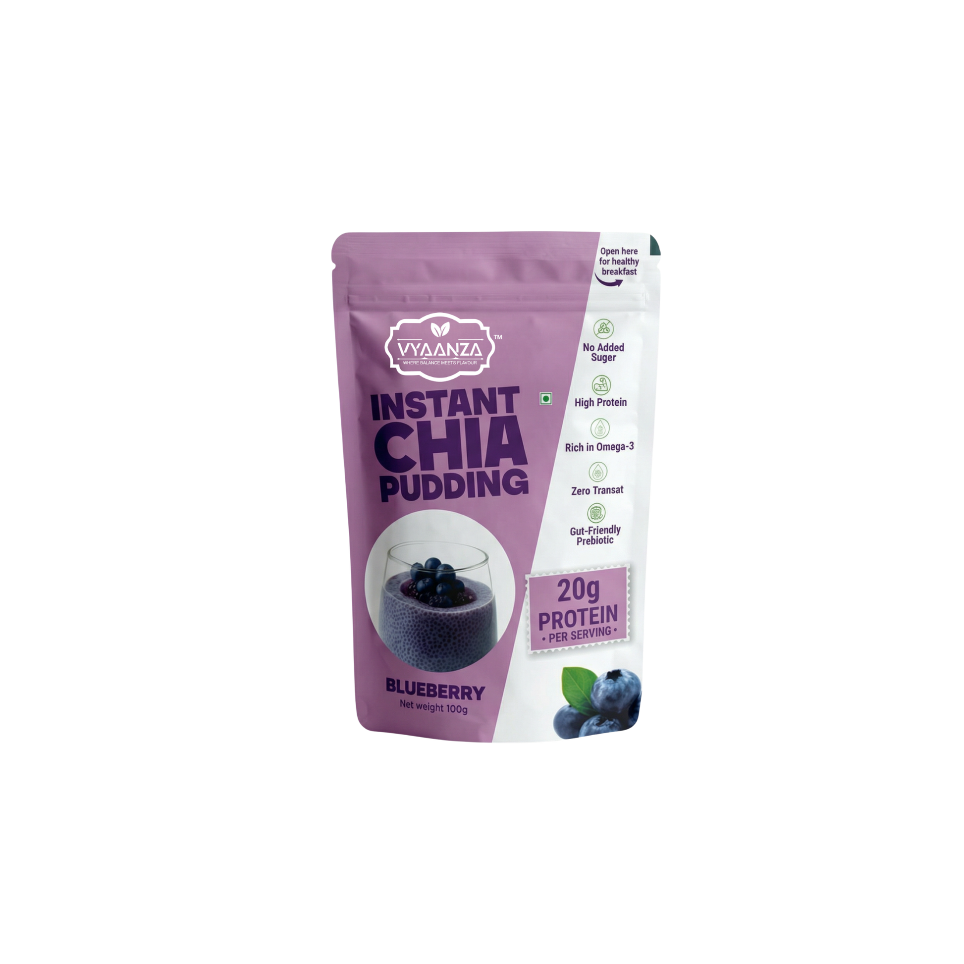 Vyaanza Blueberry Instant Chia Pudding - High Protein Sugar Free Vegan Snack India